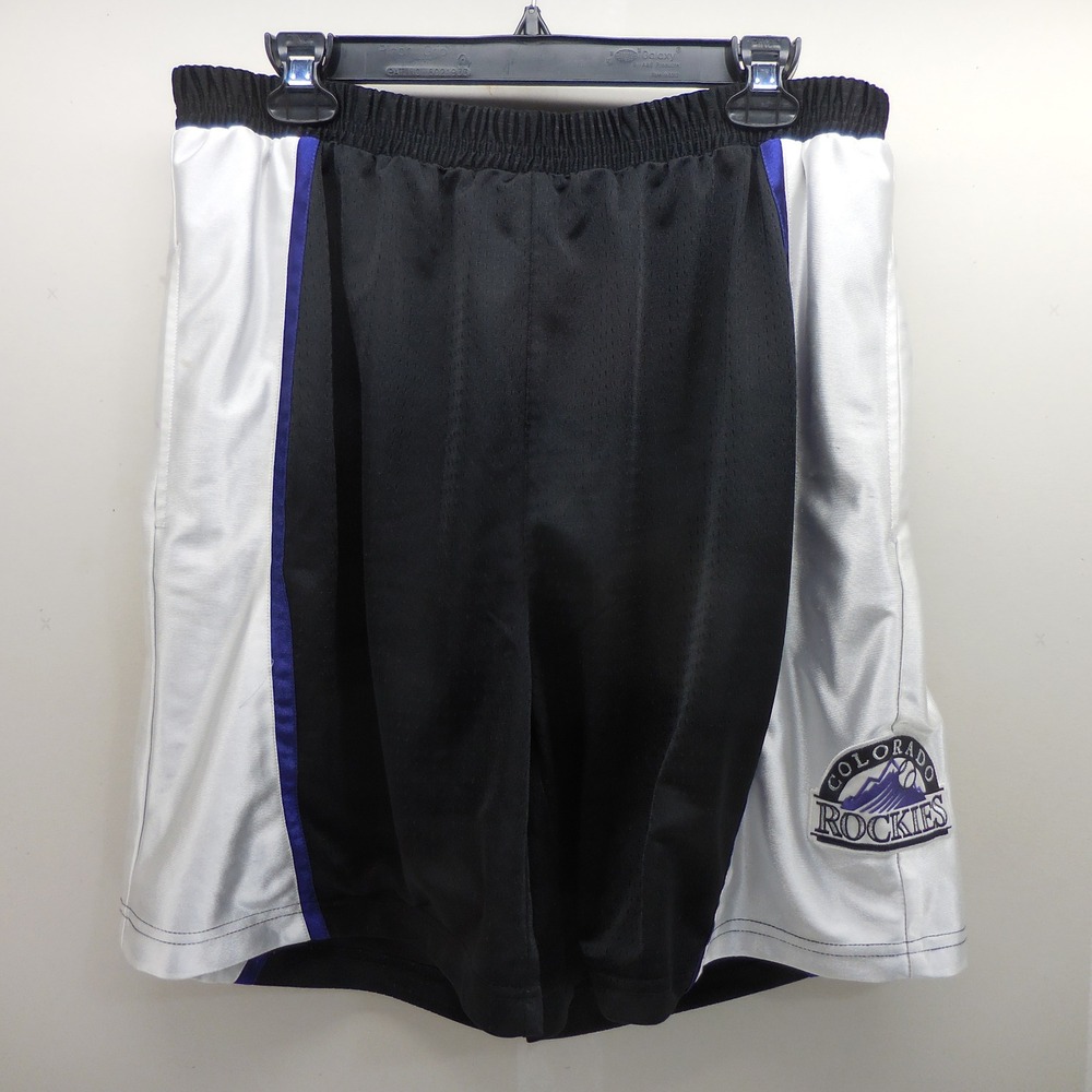 True Fan MLB Colorado Rockies Shorts Mens Large Black Silver Mesh Athletic 2866